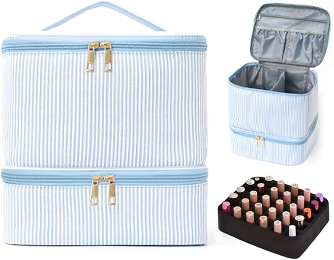 Nail Polish Organizer Aesthetic Nail Organizers and Storage, Bow Nail Supplies Kit Organizer Travel Carrying Case for Manicure Tools (Stripe Blue, 2 Layer)