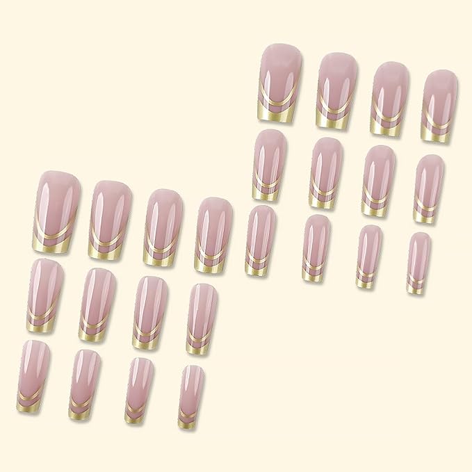 24Pcs Gold French Tip Press on Nails Medium Square Fake Nails with Gilding Line Design Nude Pink Full Cover Artificial Glue on Nails Glossy False Nails Reusable Exquisite Stick on Nail for Women DIY
