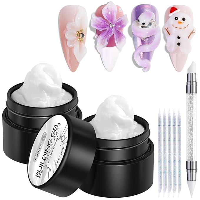 Solid Builder Gel Kit, 2PCS White 3D Sculpting Gel Non-Sticky Hand Carving Gels with Silicone Pen Hard Gels for Nails Molding 3D Flowers Nail Design Manicure Salon Supplies