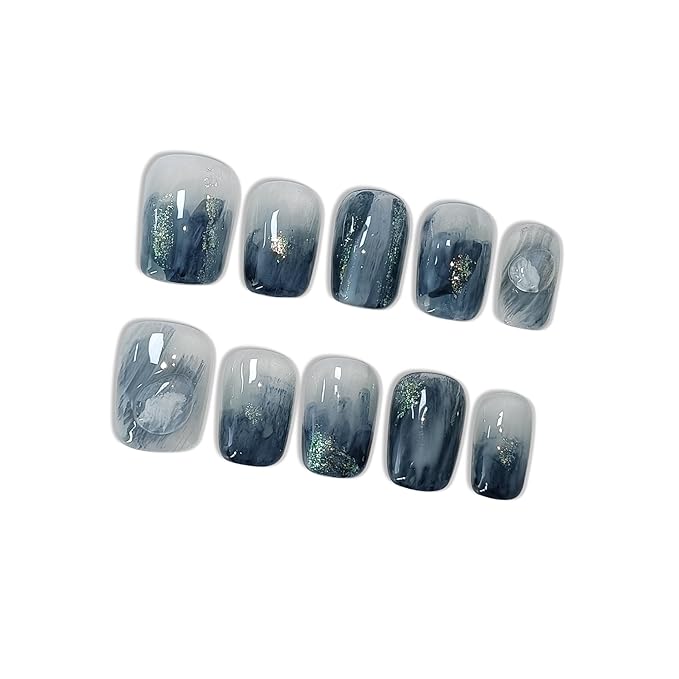 Blue Ocean Wave Marbled Press on Nails with 3D Handmade Water Droplets & Gold Glitter, Short Square Glossy Soft Glam Fake Nails, Elegant False Nails for Women Fall Winter Party, Size XS