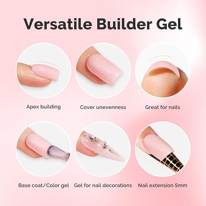 MelodySusie Pink Shimmer Builder Nail Base Gel for Nails Thickening, Soak Off UV Extension Gel, Rhinestone Nail Glue for Nail Art Design Salon DIY Manicure at Home Gift for Women-458