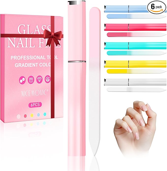 NICEMOVIC 6 Pack Glass Nail File for Natural Nails, Stocking Stuffers for Teen Girls Women Adults, Eater Valentines Birthday Christmas Gifts for Teens Girl Grandkids Mom Wife Her, Nail File and Buffer