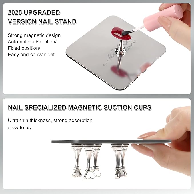 ANGNYA Nail Stand for Press Ons,Square Shape Super Magnetic Base Nail Holder for Painting Nails with 200 Pcs Reusable Double-Sided Tape for Nails Practice Nail Tools Home DIY Salon Supplies