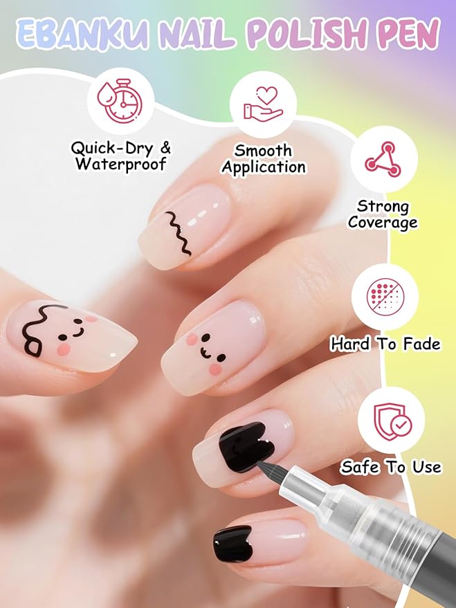 EBANKU Nail Polish Pens, 1Pc Nail Art Pen Quick-Drying 3D 0.7MM Nail Art Markers Acrylic Paint Pens Nail Point Dotting Liner Pen Tools for Home & Salon Nail DIY (Black)