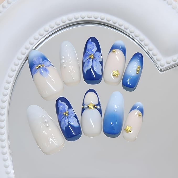 Blue Press on Nails Medium Almond Fake Nails French Tip Glue on Nail Flower Nails Press Ons with Rhinestones Design Glossy False Nails Acrylic Stick on Nail for Women Decorations 24Pcs