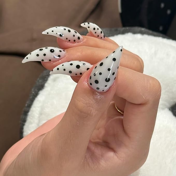 10 Pcs Thick Press on Nails White Stiletto Handmade Fake Nails with Polka Dot Design Medium Curved Eagle Claw False Nails Luxury Muti-Layer Gel Nail Halloween Cat Claw Stick on Nail for Women (S)