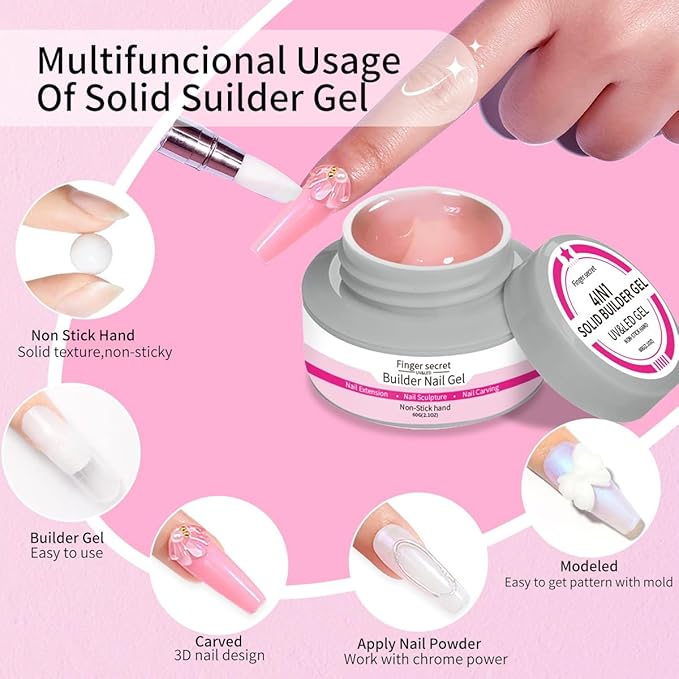 Solid Builder Gel for Nails, 60g Clear Hard Gel for Nails Non-Sticky Hand 3D Sculpting Gels Carving Nail Extension Nail Art Salon Home with Chrome Powder Nail Tools