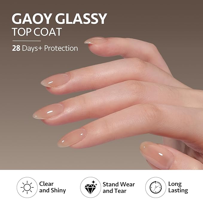 GAOY 2 Pcs Glassy Gel Top Coat and Rubber Base, Jelly Builder Base Nude Sheer Pink 02 Nude Jelly with Detailed Liner Brush, Soak Off Nail Strengthener UV Light Cure