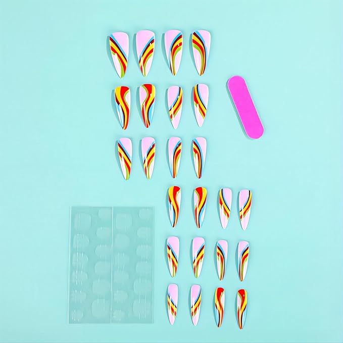 Fall Long Almond Tip Press on Nails xl Stiletto Shape Nails Press Ons Colorful Design Fake Nails Full Cover Glossy Acrylic False Nails Gift for Wemons 24pcs