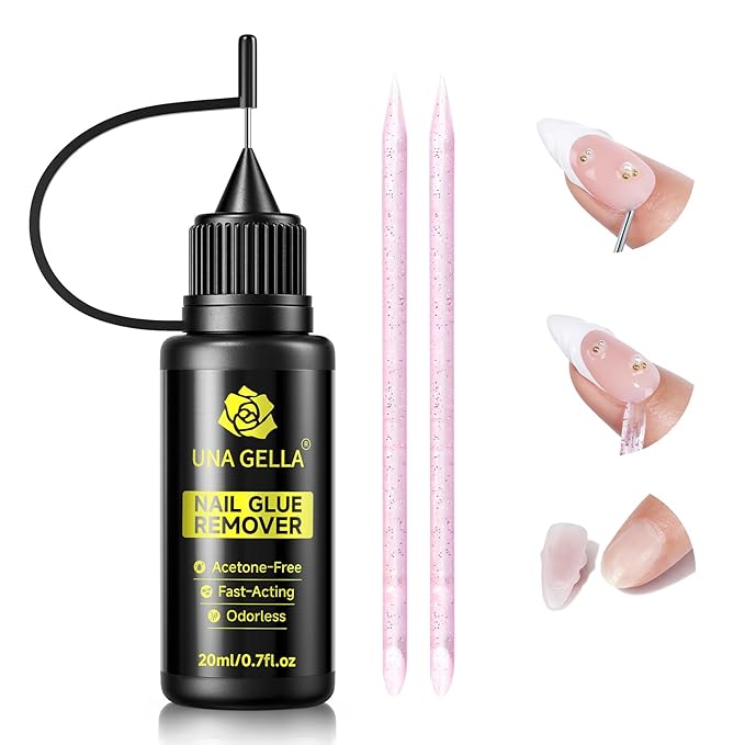 UNA GELLA Nail Glue Remover for Press on Nails，20ml Pinpoint Non-Acetone Gel Nail Glue Remover for Nails Tips，Gentle GLUE Remover with Upgraded Stick Easy Removal DIY Manicure Supply