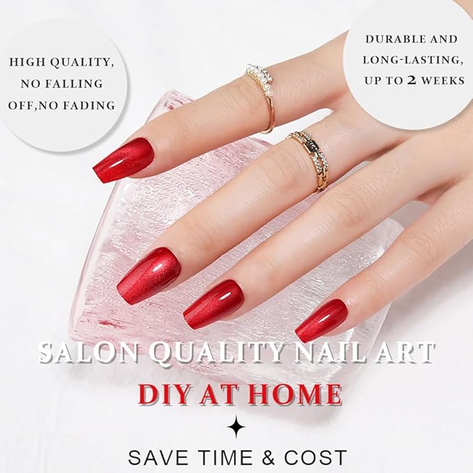 evpct Red Cat Eye Press on Nails Square Medium Coffin, Medium Square Stick on Nails for Women Gift, Red Metallic Glitter Glossy Reusable Spring Summer Soft Gel Press on Acrylic Fake Nail with Designs