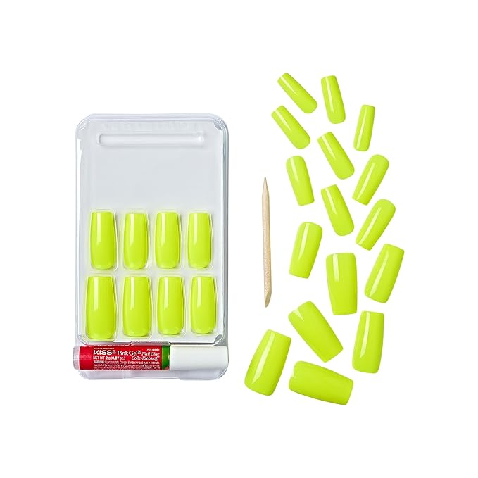 GoldFinger False Nails Kit, Ready to Wear Neon Yellow Fake Nails, Manicure Stick and Glue Included, Long Square Shape, Long-Lasting Hottest Trend Glue on Nails