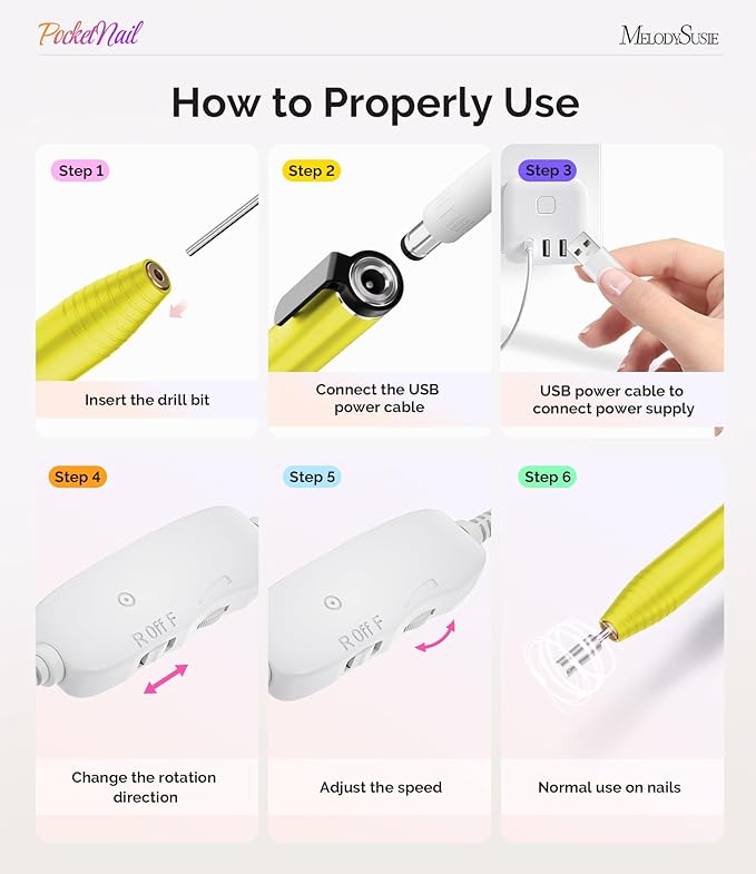 MelodySusie PocketNail Slim Ergonomic Pen-Shaped USB Nail Drill, PC100G 20000RPM Portable Electric File for All Manicure, Pedicure Nail Care, Shaping & Gel Removal at Home for Beginners