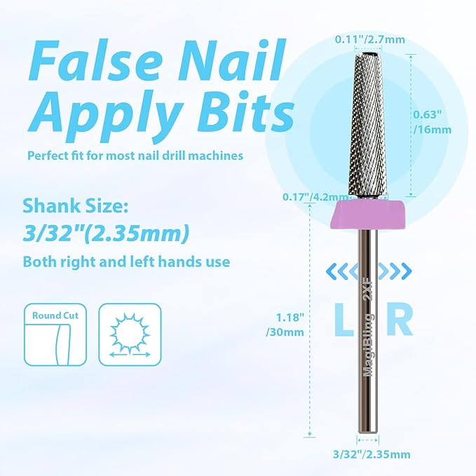 16mm Long Tapered Barrel Nail Drill Bit, 3/32” Safety Tungsten Carbide E-File Bit for False Nail Application, Press-On Tip Apply Nail Extension, Gel & Acrylic Removal, Two-Way Rotation, Double Fine