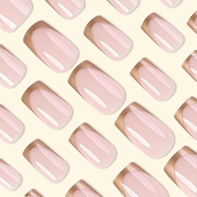 Gold French Tip Press-on Nails - Medium Square Nude Pink Glitter Design, Full Cover Artificial Luxury False Nails, 24pcs DIY Decoration Set