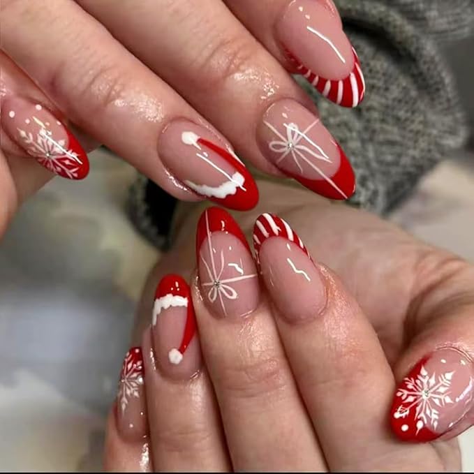 Christmas Press on Nails Red French Tip Fake Nails Medium Almond False Nails with Snowflake Christmas Hat Candy stripes Designs Glue on Nails Reusable Acrylic Nail for Women Girls 24Pcs