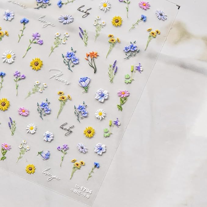 Nail Stickers, 3 Sheets 5D Embossed Art Decals, Self-Adhesive Sticker Charms for Manicure Pedicure, Butterfly Floral, Multicolor