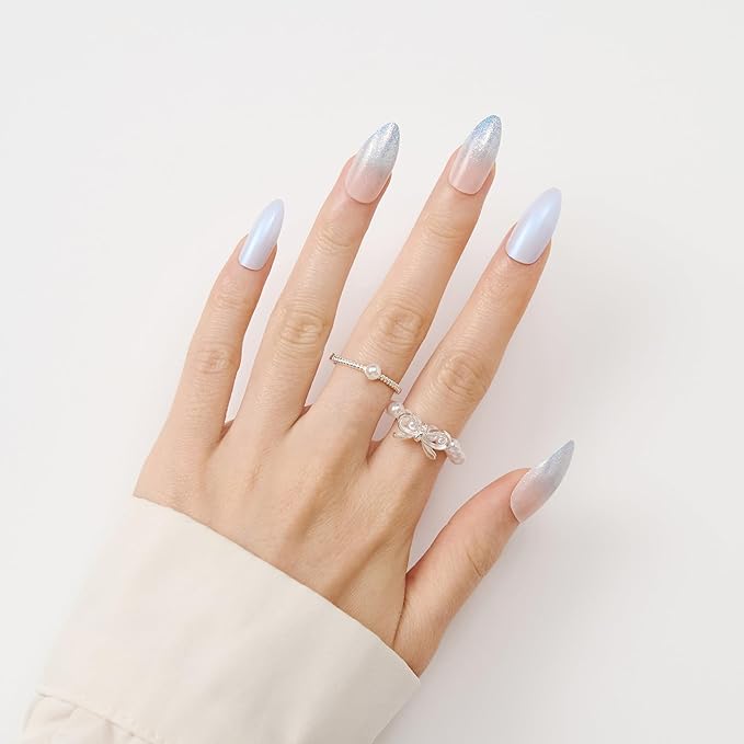Press On Nails Almond Ombre Blue - Soft Gel Fake Nails With a Shimmery Finish, For Women And Teens, Perfect For Daily Wear, Playdates, And Relaxed Outings, 12 Sizes 24 Nail Kit With Glue