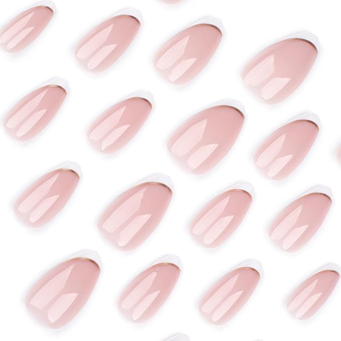 French Tip Press on Nails Almond Fake Nails with Gold Line Design Medium Full Cover Stick on False Nails for Women Manicure 24Pcs