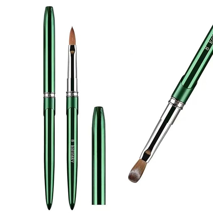 Nail Art Brushes Acrylic Nail Brushes Pure Kolinsky Hair Acrylic Crystal Chrome Green Handle with Silver Ferrule Round Shaped for Women Girls Manicure Tools Accessories- Size 8