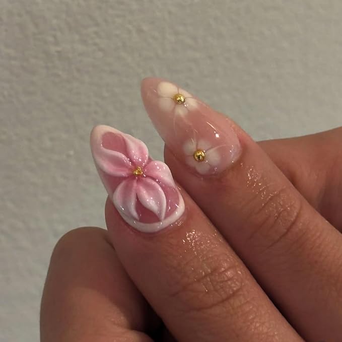 Almond Press on Nails Medium Fake Nails French False Nails Pink Artificial Nails with 3D Flowers and Gold Bead Accents Designs Cute Handmade NailsFloralStick on Nails for Women 24pcs