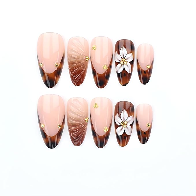 24Pcs French Tip Fake Nails Medium Almond Press on Nails Brown Glossy Glue on Nails 3D Flower False Nails with Rhinestones Design Leopard Print Stick on Nail for Women Decorations Set