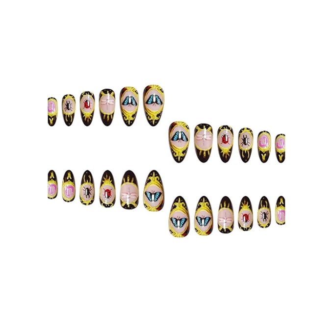 Short Press on Nails Almond Fake Nails Black False Nails Artificial Nails with Insect DesignsGold CharmStick on Nails for Women 24pcs