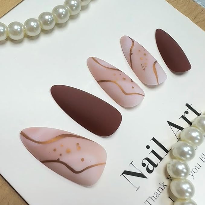 Almond Press on Nails Medium Fake Nails Matt Brown False Nails Press ons Acrylic Glue on Nails Reddish Brown Full Cover Artificial Stick on Nail for Women Nail Decorations 24Pcs