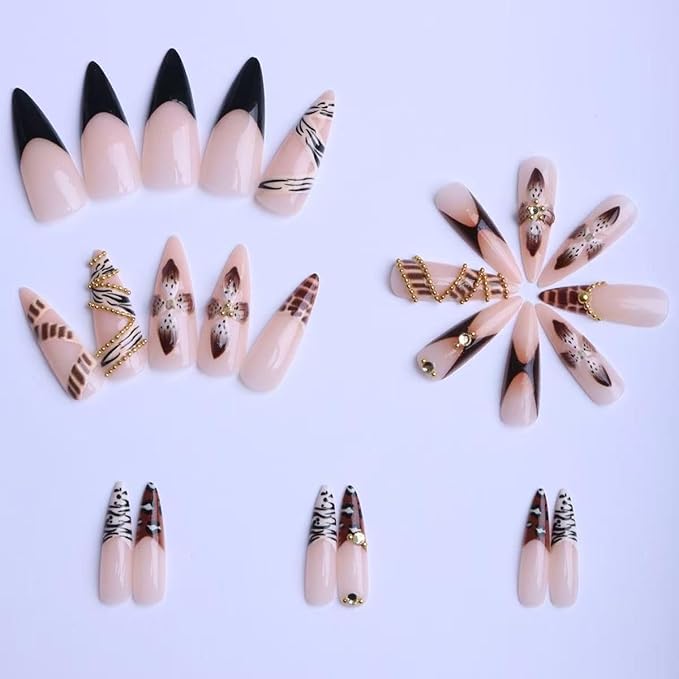 Press on Nails Fall Leopard French tips Fake Nails Long Stiletto False Nails with Gold Rhinestones Design Flower Glue on Nail Brown Stick on Nail Reusable Fall Nails for Women Girls Manicure