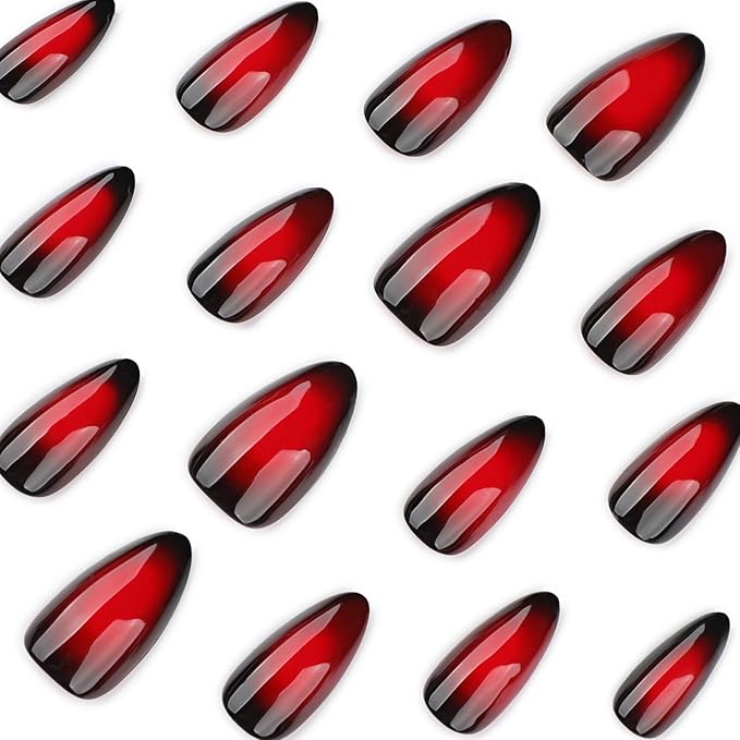 Wine Red Press on Nails Medium Almond MABKJLF Fake Nails Black & Red False Nails with Gradient Designs Solid Colour Glossy Glue on Nail Full Cover Acrylic Nails for Women Girls 24Pcs