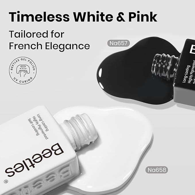 Beetles Black White Gel Polish - Twin Dialogue Collection, 4pc 10ML French Nails Hema-Free Black and White Colors with Base Top Coat Uv LED Lamp Salon DIY at Home Nails
