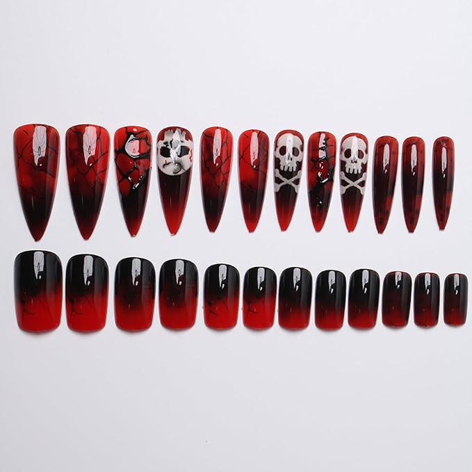 Blood Press on Nails,Halloween Fake Nails | Witch Nails with Scary Skull Designs,Long Stiletto & Square Acrylic Nails,Stick on Nail for Women Girls | Halloween Nail Art Decor 24Pcs