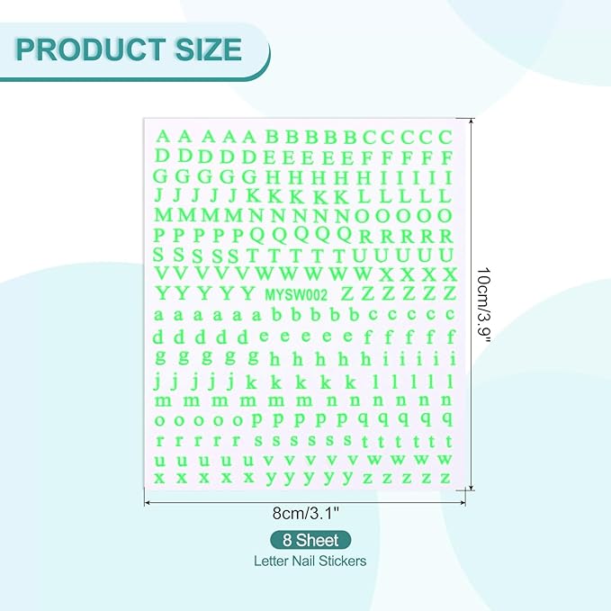PATIKIL Letter Nail Stickers, 8 Sheet 3D Self-Adhesive English Letter Nail Decals Small Alphabet Art Sticker Metallic Fluorescence Design Manicure for Women DIY Decor, Fluorescent Green