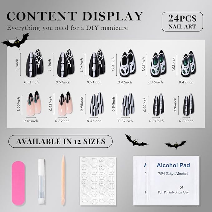 3D Halloween Press on Nails Medium Almond with Horror Design, Medium Almond Artificial Fake Nails with Skull Face 3D Designs, Stick on Soft Gel Full Cover Glossy Stick on Ghost Nail for Women Girls