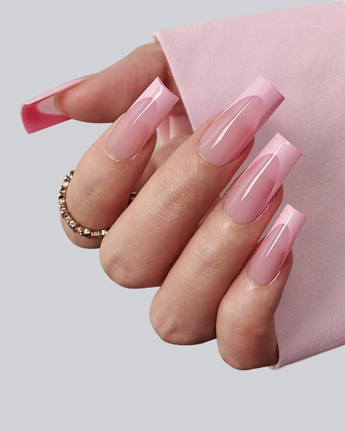 BTArtboxnails XCOATTIPS Pink French Tip Press On Nails - Long Press On Nails Square, Soft Gel Nail Tips, 150Pcs Soak Off Acrylic Pink Fake Nail Extension in 15 Sizes