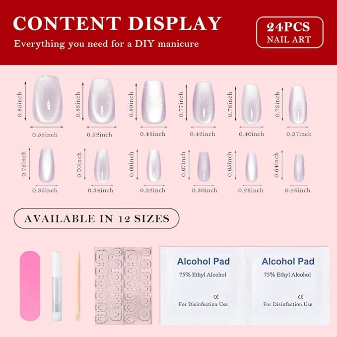 evpct Cat Eye Coffin Press on Nails Square Medium, Medium Square Stick on Nails for Women Gift, Light Lavender Purple Metallic Glitter Glossy Reusable Spring Summer Gel Press on Fake Nail with Designs