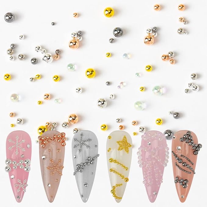 HNUIX Nail Beads - Mixed Size, 6 Colors, Round, Metal Steel Beads Nail Charms, Caviar Beads Nail Accessories for Acrylic Nails, Manicure DIY Crafts Decorations
