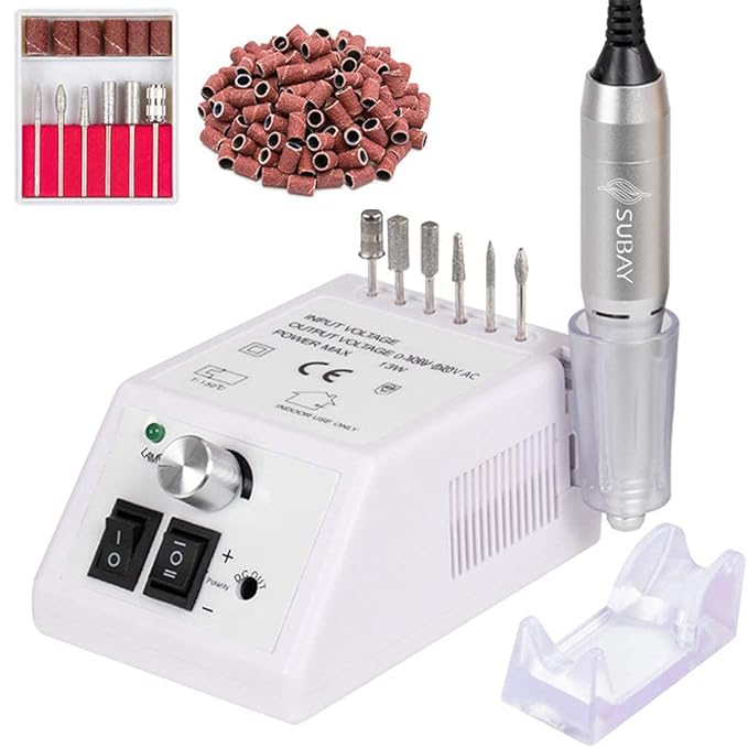 SUBAY Professional Finger Toe Nail Care Electric Nail Drill Machine Manicure Pedicure Kit Electric Nail Art File Drill with 1 Pack of Sanding Bands, White