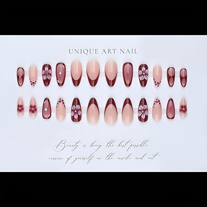 Flower Press on Nails Medium Almond Fake Nails French Tip Nails Press Ons Pink Flower False Nails with Rhinestones Design Glossy Stick on Nail Gradient Glue on Nail for Women Decorations 24Pcs