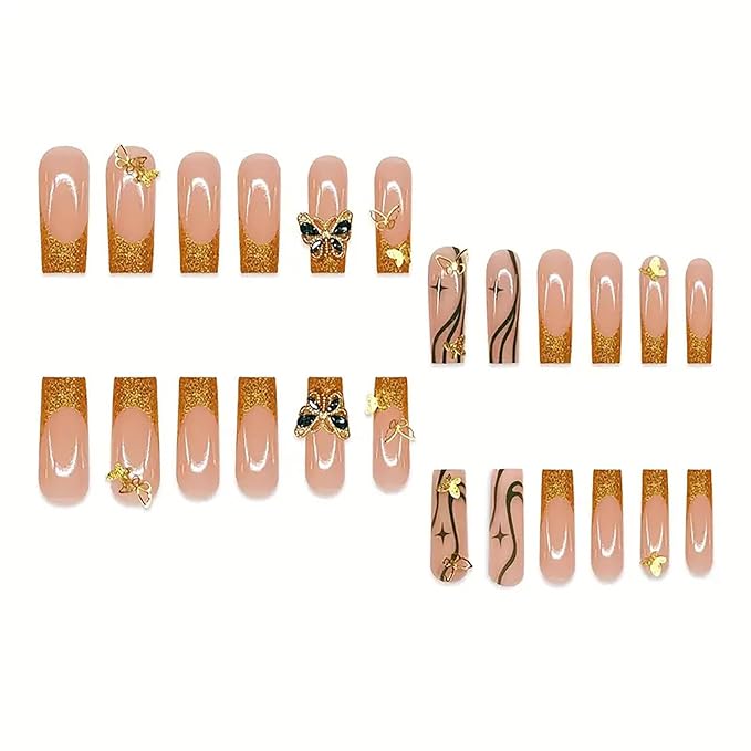 RTKHFZE Long Press on Nails Square Fake Nails Gold Glitter French Tip Acrylic False Nails with Designs Nails Tip Gold Butterfly and Rhinestones Full Cover Glue on Nails for Women Nail Decorations