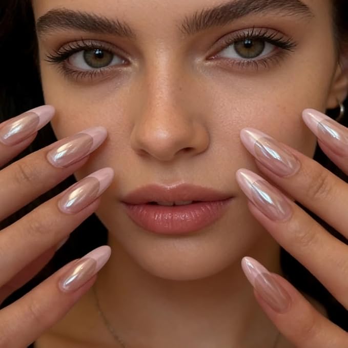 French Tip Press on Nails - Pink Fake Nails Press ons - Almond Chrome False Nails - Medium Glue on Nails - Cute Acrylic Stick on Nail for Women Nail Manicure 24Pcs