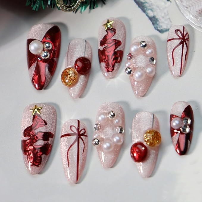 Christmas Press on Nails Bow Fake Nails Hand-Painted Nail Xmas Tree Glue on Nails with Pearl Design Handmade Nail Press ons Glitter Full Cover Almond Stick on Nail for Women Shiny Manicure (M)