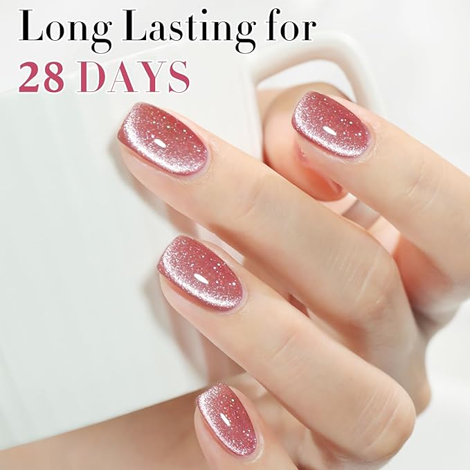 Double Rhythm 15ML Ice Glass Cat Eye Gel Polish with Magnet Holographic Glitter Shimmer Translucent Sheer Color Salon Soak Off Magnetic Nail at Home (Skin Pink-MC1065)