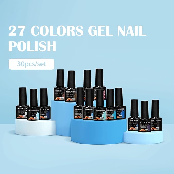 MEET ACROSS 30pcs Gel Nail Polish Set,Soak Off UV LED Lamp Gel Nail Polish Kit,Fashion Shimmer Nail Art Design Gifts for Women Manicure Salon (Cool Color Series)