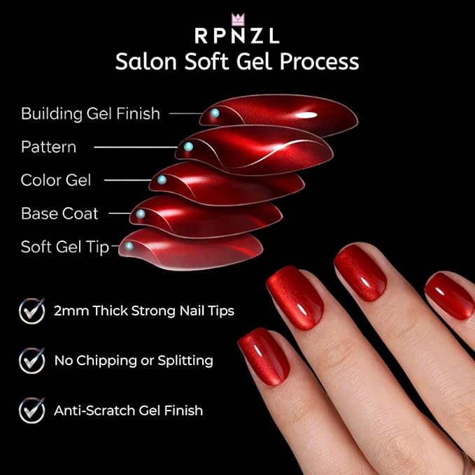 Press On Nails - Ruby | Red Cat Eye Short Square UV Finish Nails, Salon Quality | 32 Nails, 16 Sizes Kit with Glue and Adhesive Tabs I Female Founded