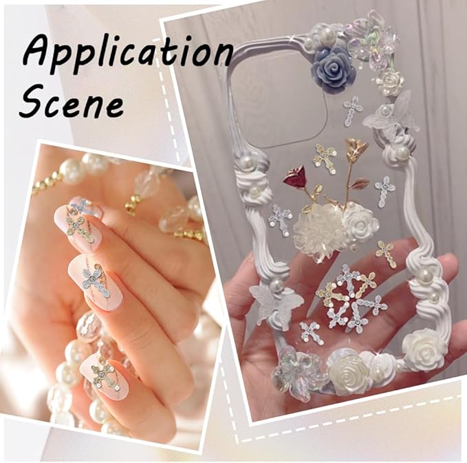 SUNNYCLUE 1 Box 60Pcs Cross Nail Charms Easter 3D Pearl Beads Nails Charms Bulk Mini Small Cross Bead Flatbacks Rhinestone Diamond Nail Art Charm Golden Silver Nail Cross Charms for Nails Decoration