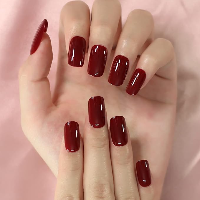 Cherries Fake Nails Pure Color Full Cover Medium Length False Nails Press On Tips Arc Head Artificial Nail Kit Manicure DIY Home