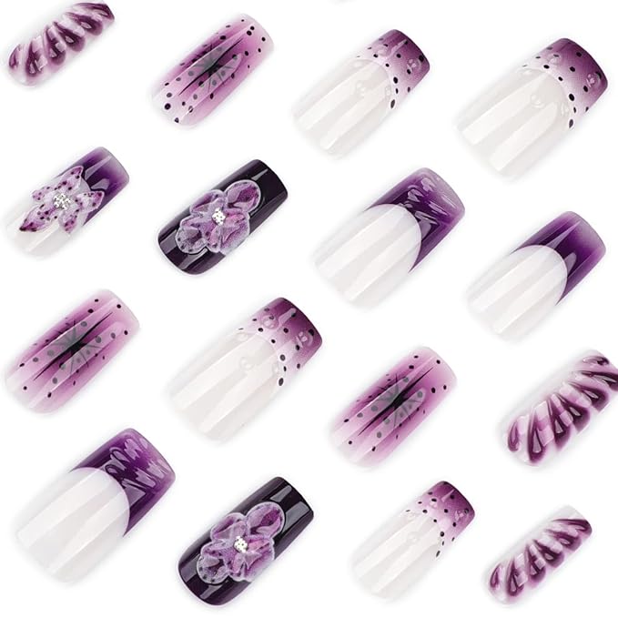 3D Press on Nails Long Square Dark Purple Fake Nails with Flower Design French Tip False Nails Full Cover Glossy Stick on Nails for Women Manicure 24PCS
