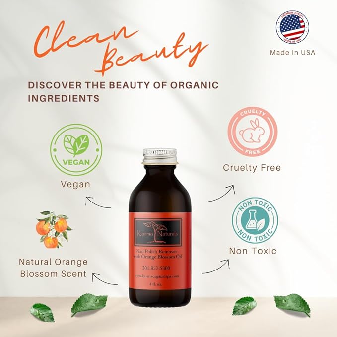 Karma Organic Nail Polish Remover with Soybean Oil and Orange Blossom Oil- Non Toxic, Vegan, Cruelty Free, Acetone Free – Nails Strengthener for Fingernails – 4 fl. Oz