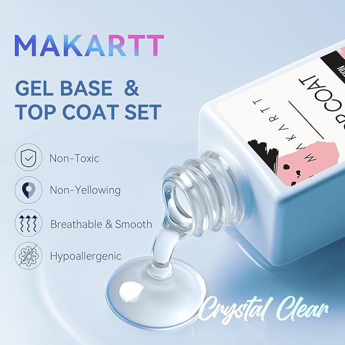 Makartt 2 Pcs Gel Top Coat and Base Coat Set - No Wipe Shine Finish Soak Off Base Top Coat Long Lasting for Gel Nail Polish, LED UV Lamp Needed, Salon Quality Nail Manicure Spring Gifts, 10ML